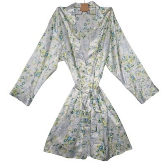 Bed of Roses Satin Lingerie Matching Robe Camisole & Short Blue Roses - Picture 3 of 10